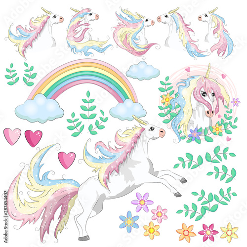 Large set with unicorns  flowers  leaves  hearts  rainbow and other design elements.