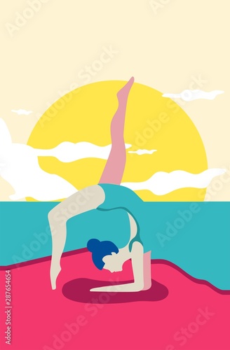 Young woman doing yoga at the beach. Colorful flat illustration.