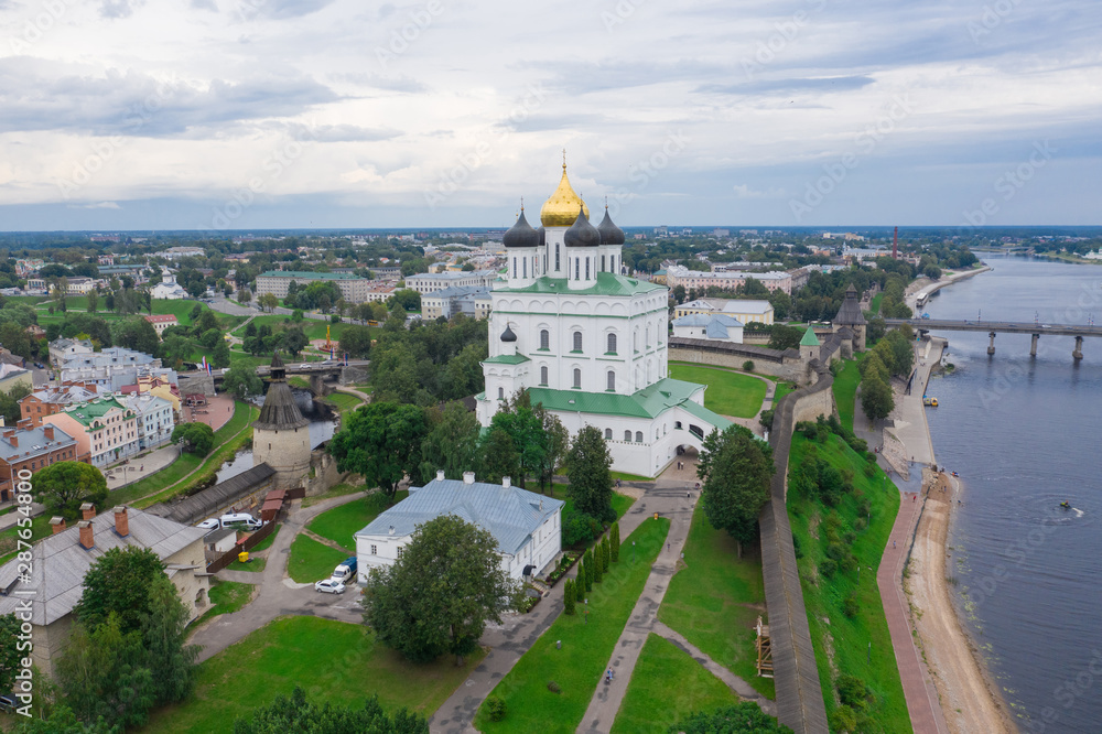 Aerial panorama view of Pskov Kremlin and Trinity Cathedral church, Russia