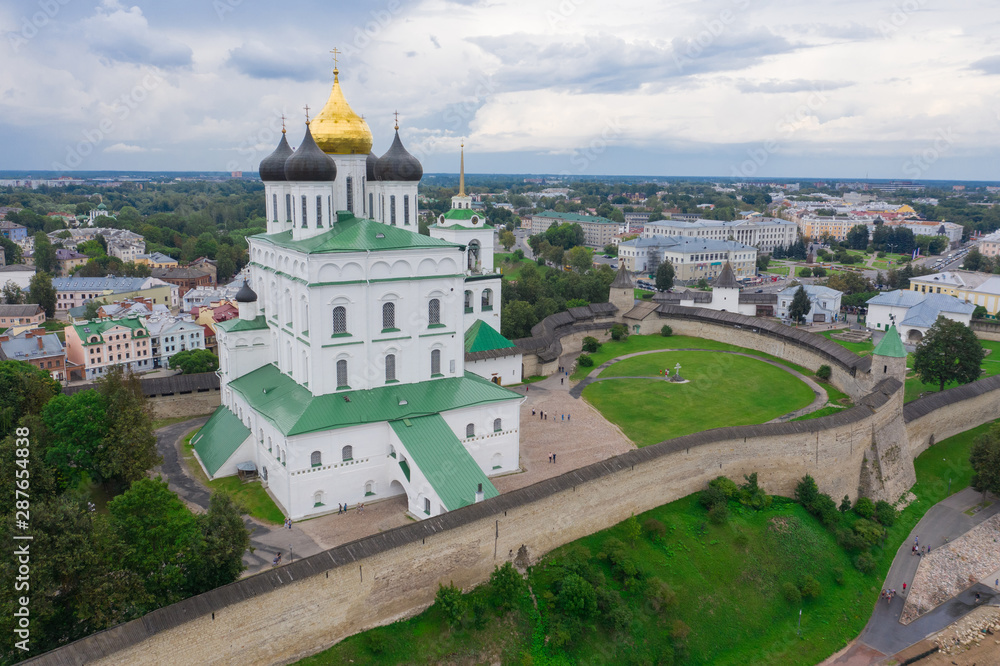 Aerial panorama view of Pskov Kremlin and Trinity Cathedral church, Russia