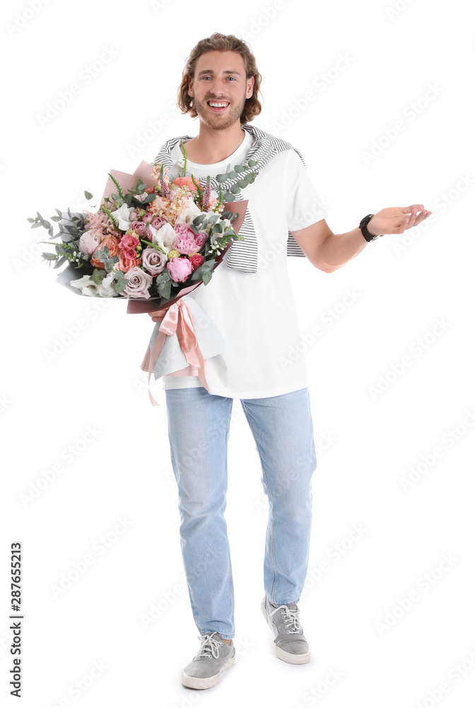 Young handsome man with beautiful flower bouquet on white background Young handsome man with beautiful flower bouquet on white background