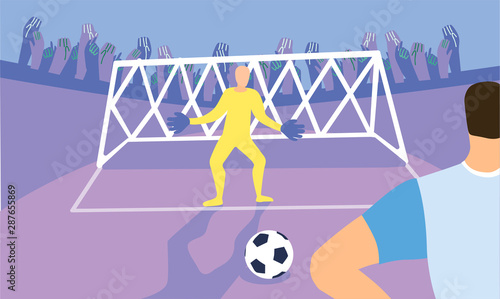The goal keeper in front of the goal. Penalty kick situation. Flat vector illustration.