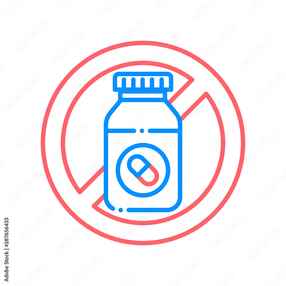 Pill bottle allergy line color icon. Allergic reaction to drug. Medication intolerance. Hypersensitivity to the individual components of the product. Pill bottle allergy line color icon. Allergic reaction to drug. Medication intolerance. Hypersensitivity to the individual components of the product.