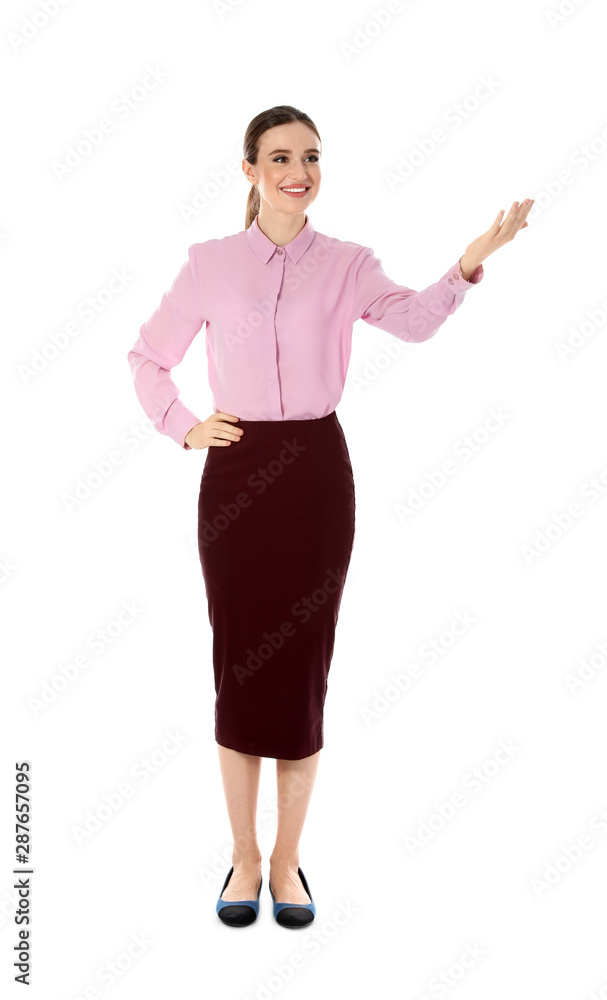 Full length portrait of young female teacher on white background Full length portrait of young female teacher on white background