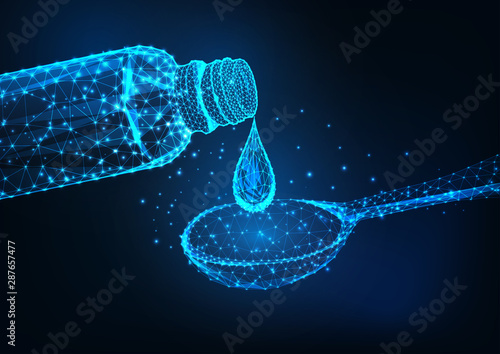 Futuristic glowing low polygonal medicine bottle, liquid drop and dosage spoon on dark blue background.