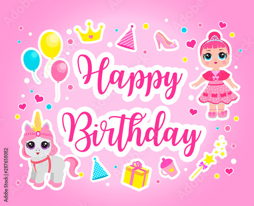 Happy birthday cute greeting or invitation card for a little princess.