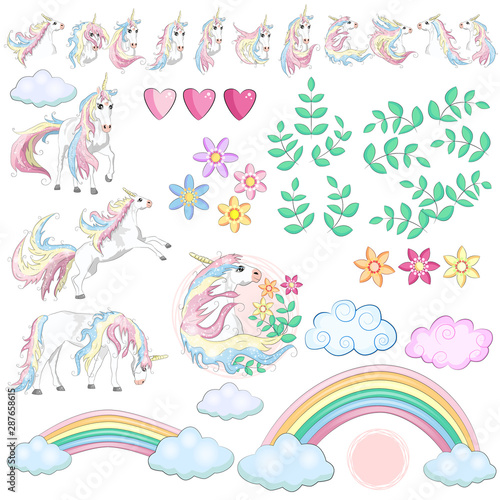 Large set with unicorns  flowers  leaves  hearts  rainbow and other design elements.