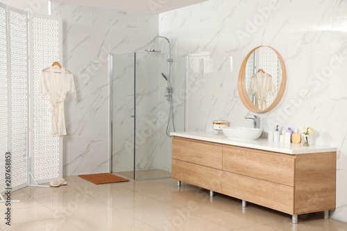 Obraz na plátne Modern bathroom interior with shower stall and folding screen