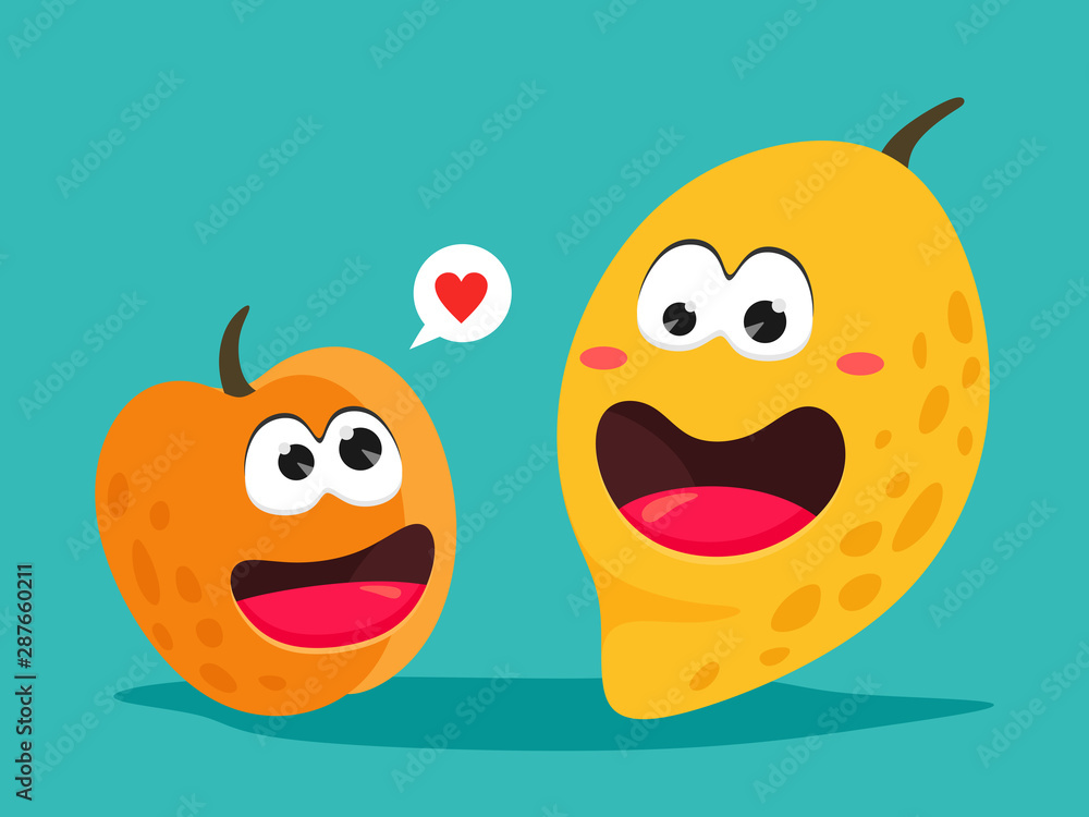 Funny apricot and mango. Bright vector illustration in cartoon style. Funny apricot and mango. Bright vector illustration in cartoon style.