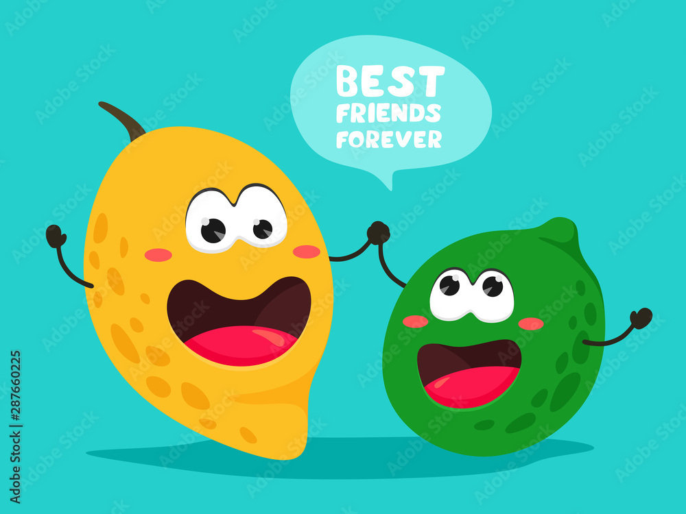 Funny mango and lime with the slogan. Best friends forever. Bright vector illustration with citrus and fruit. Handwritten text, lettering. Funny mango and lime with the slogan. Best friends forever. Bright vector illustration with citrus and fruit. Handwritten text, lettering.