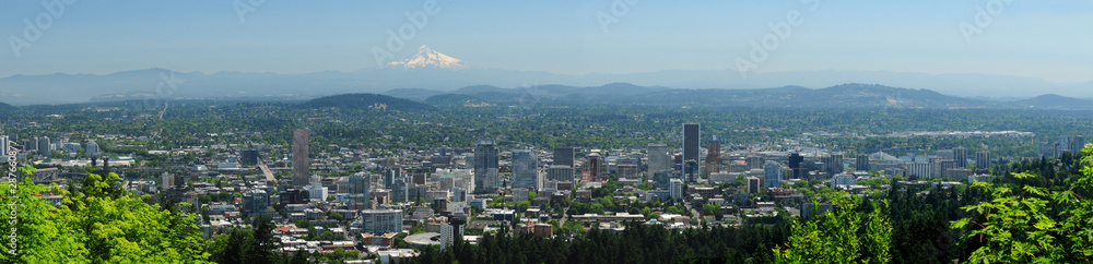 Panoramic View Of Portland Skyline With Mount Rainier In The Background