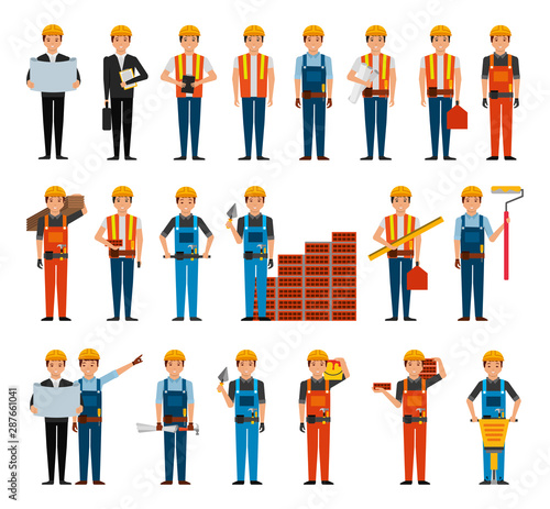 bundle of construction workers and tools