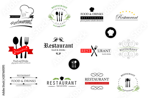 Food And Restaurant Logo Set - Isolated On White Background. Vector Illustration For Cook, Chef, Kitchen, Bar, Hat, Fork And Knife Logo. Restaurant And Food Logo For Bistro, Cook Elements And Labels