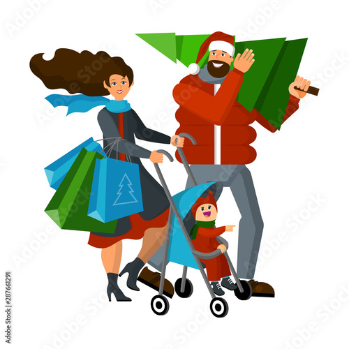 Happy family with a child returns home with a Christmas tree and holiday shopping on new year's eve and Christmas eve