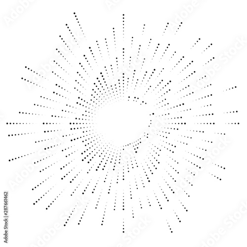 Dots radial burst lines. Irregular lines, half-tone beams, rays. Radiating, converging trail lines. Circular array of dotted lines