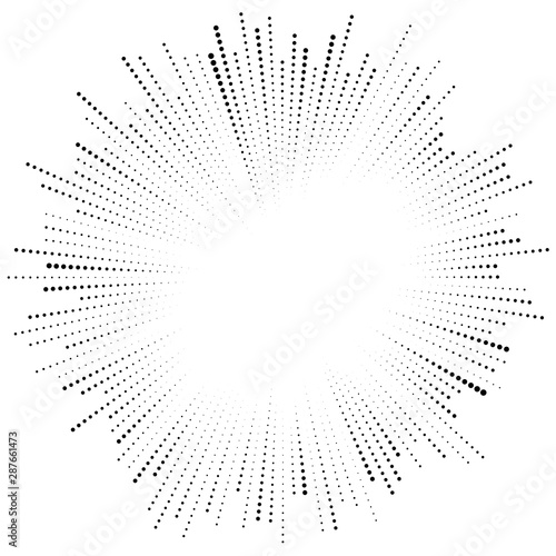 Dots radial burst lines. Irregular lines, half-tone beams, rays. Radiating, converging trail lines. Circular array of dotted lines