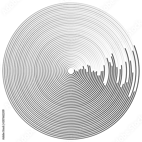 Concentric, radial circles pattern. Radiating, circular spiral, vortex lines. Rays, beams, signal burst design. Merging rippled lines. Converging rings, geometric illustration