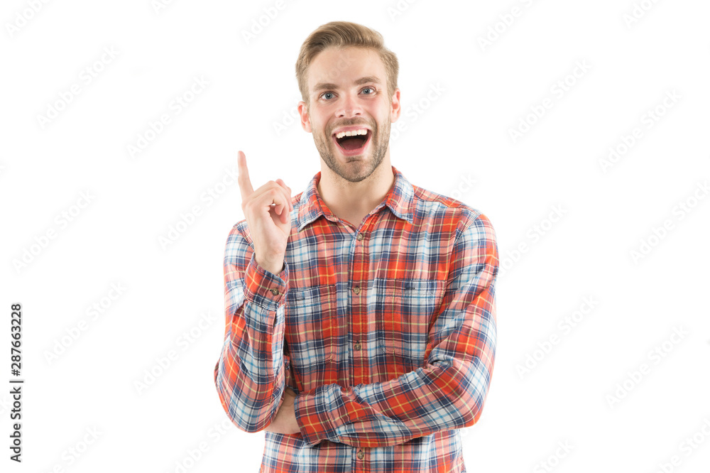 Awesome idea. Great idea. Handsome smiling man keeping finger raised and looking at camera isolated white background. Man bearded cheerful fresh idea. Birth of ideas. Inspiration and motivation Awesome idea. Great idea. Handsome smiling man keeping finger raised and looking at camera isolated white background. Man bearded cheerful fresh idea. Birth of ideas. Inspiration and motivation