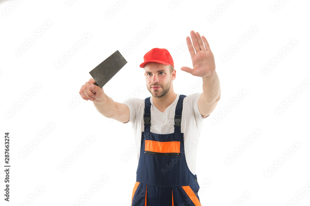 Focused on result. Repair service. Repair and renovation concept. Handyman home repair. Repairing and renovating. Home improvement. Man in helmet laborer on white background. Repair workshop Focused on result. Repair service. Repair and renovation concept. Handyman home repair. Repairing and renovating. Home improvement. Man in helmet laborer on white background. Repair workshop