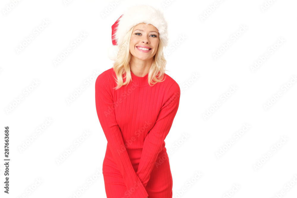 HappySanta woman isolated on white background wish you all happy christmas. HappySanta woman isolated on white background wish you all happy christmas.