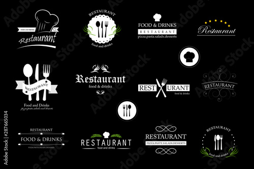 Food And Restaurant Logo Set - Isolated On Black Background. Vector Illustration For Cook, Chef, Kitchen, Bar, Hat, Fork And Knife Logo. Restaurant And Food Logo For Bistro, Cook Elements And Labels