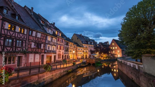 Colmar France time lapse 4K, Colorful Half Timber House city skyline day to night timelapse photo