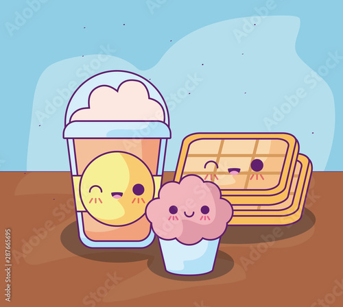 cupcake with delicious food kawaii style