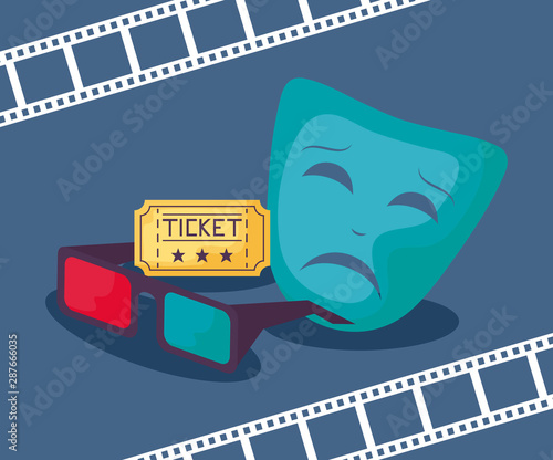 mask theater with eyeglasses and ticket