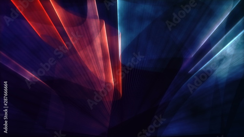 Laser neon red and blue light rays flash and glow. Festive concert club and music hall abstract 3D illustration for pop, rock, rap music show. Colorful design overlay