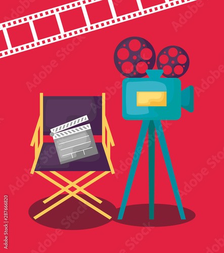 cinema camera with chair director and clapboard