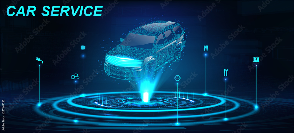 Fototapeta premium Car Auto Service w futurystycznym stylu HUD z hologramem crossover i ikonami. Projekcja samochodu Low poly 3D. Skanowanie i analiza danych samochodowych. Serwis samochodowy, nowoczesny design, diagnostyka. Wektor