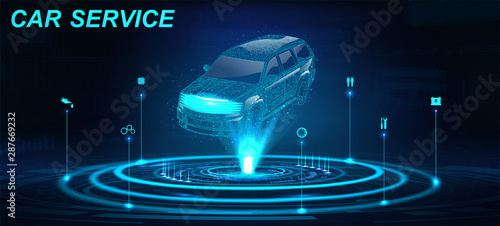 Car Auto Service in futuristic style HUD with hologram crossover and icons. Low poly 3D car projection. Scanning and automobile data analysis. Car Auto Service, Modern Design, Diagnostic. Vector 