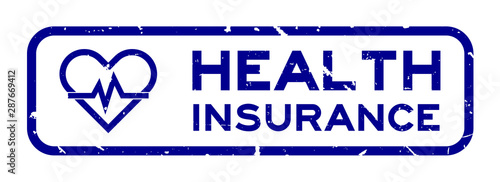 Grunge blue health insurance word with heart and pulse icon square rubber seal stamp on white background