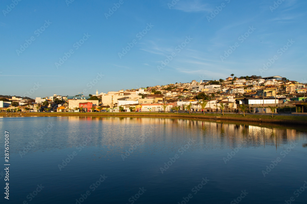 small inland town reflected in large lake, Capitólio, Minas Gerais