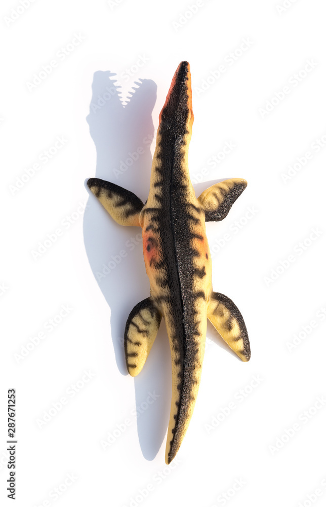 top view Liopleurodon toy with shadow on a white background top view Liopleurodon toy with shadow on a white background