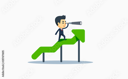 a businessman using binocular in rising graphic chart. vector illustration.