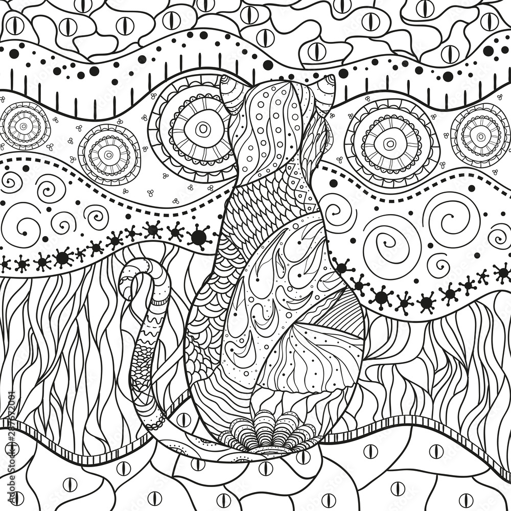Cat on abstract pattern. Hand drawn abstract patterns on isolation background. Black and white illustration for colouring page Cat on abstract pattern. Hand drawn abstract patterns on isolation background. Black and white illustration for colouring page