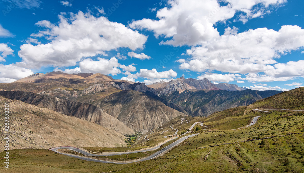 High angle view of zigzag road in Tibet plateau, part of 318 national road in China.