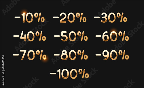 Discounts gold numbers. Elements design sale golden sign. Percentage 10   20  30  40  50  60  70  80  90  100. From ten to one hundred percent discount