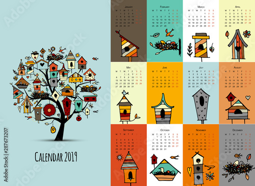 Fotografia Birdhouses on tree, calendar 2019 design