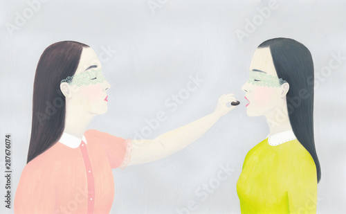 Illustration of girl feeding chocolate to her friend photo