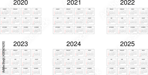 Six years calendar - 2020, 2021, 2022, 2023, 2024 and 2025.	