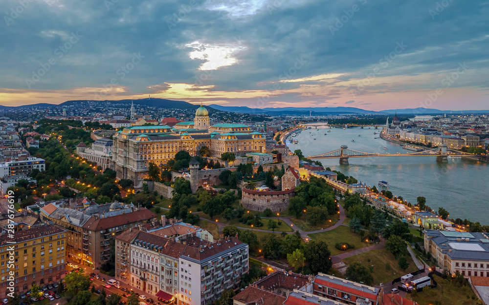 Europe. Hungary. Budapest. Buda castle, Szechenyi Chain bridge and Danube river. Aerial. Cityscape