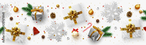 Christmas composition with decorative elements of design. Holiday illustration decoration the border of realistic objects. Xmas banner, greeting card. Festive horizontal template. Flat lay, Top view.