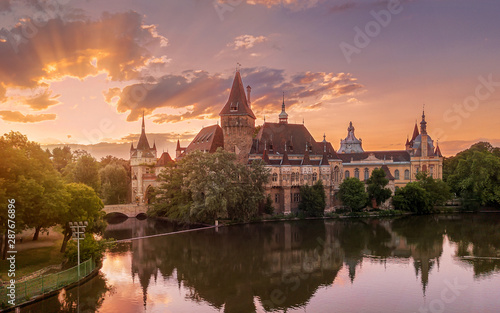 Castle of vadjahunyad in the city park in Budapest, Hungary with amazing morning lights. Europe, Hungary, Buedapest, Vajdahunyad castle
