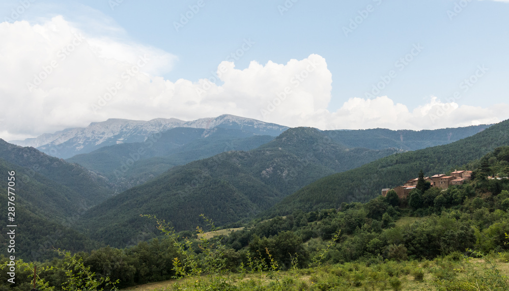 General and panoramic view of the Alt Urgell mountain region and the village of Fornals, Catalan Pyrenees, Catalonia, Spain