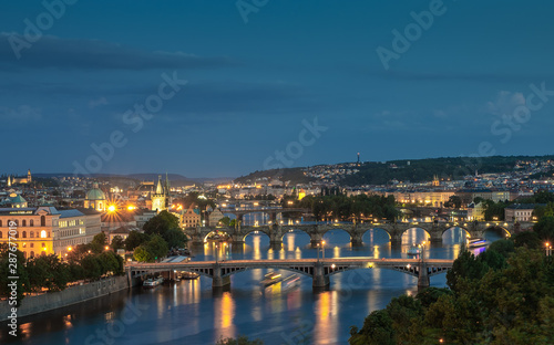 Europe, Czech Republic, Prague. Cityscape with Moldva river and all Historical bridges.