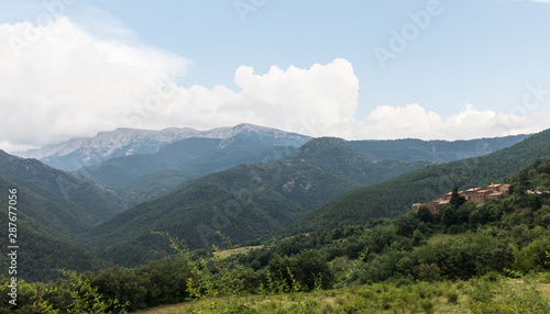 General and panoramic view of the Alt Urgell mountain region and the village of Fornals, Catalan Pyrenees, Catalonia, Spain © Toniflap