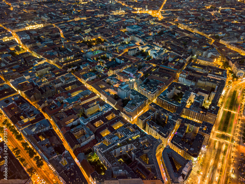Aerial cityscape from Budapest's downtown. Soho district. Andrassí street