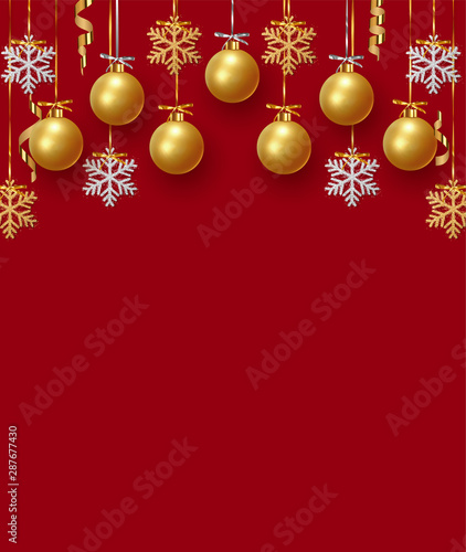 Christmas background with golden balls hanging on ribbon. Xmas decoration gold bauble and bright snowflake,